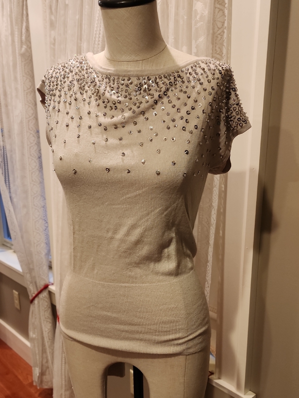 White House Black Market Cream Short Sleeve Tee with Crystal Accents